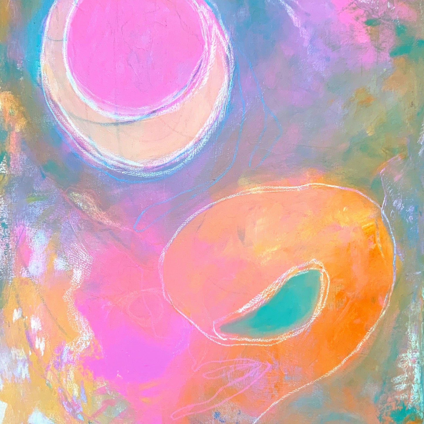abstract kunstwerk in pasteltinten oranje roze blauw groen
