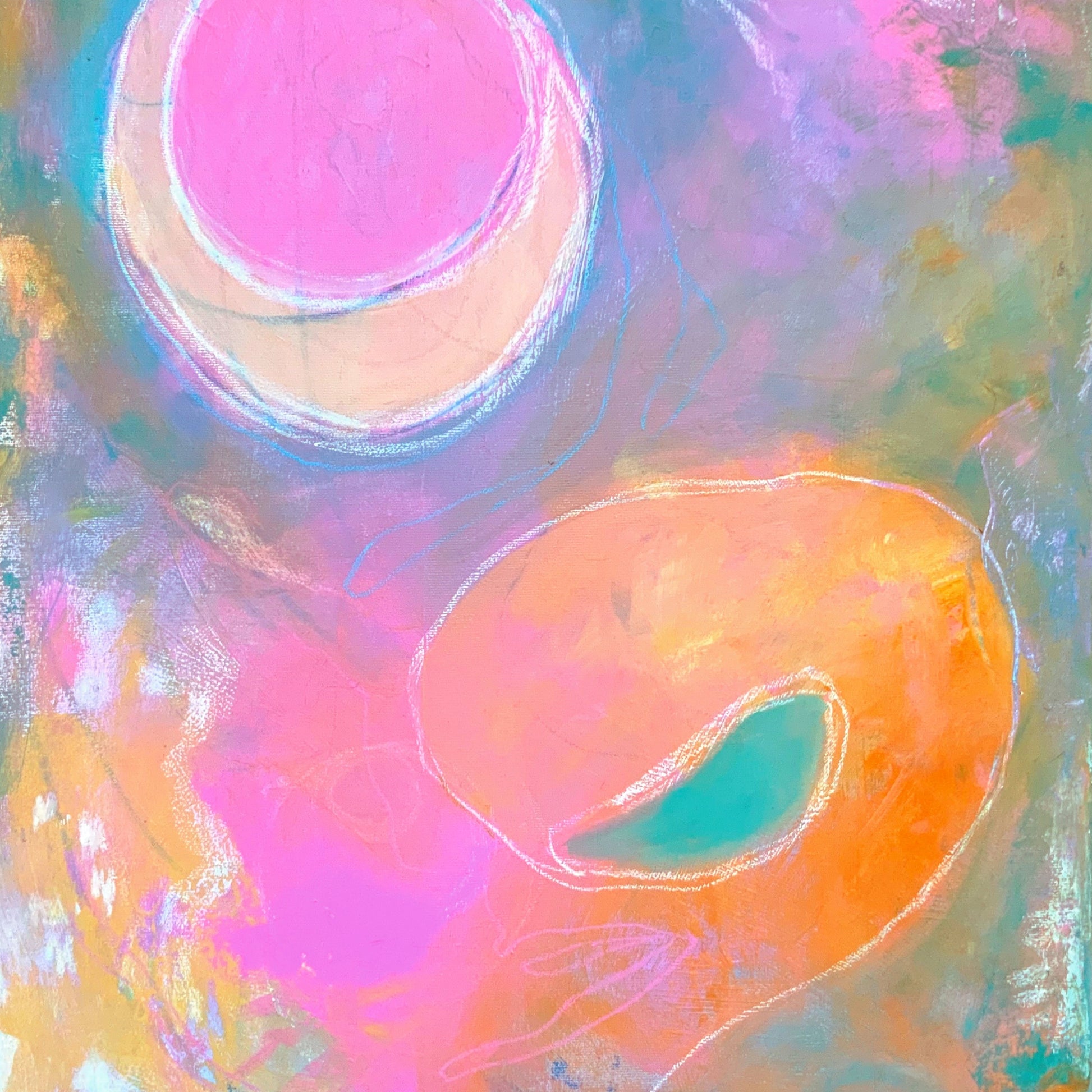 abstract kunstwerk in pasteltinten oranje roze blauw groen