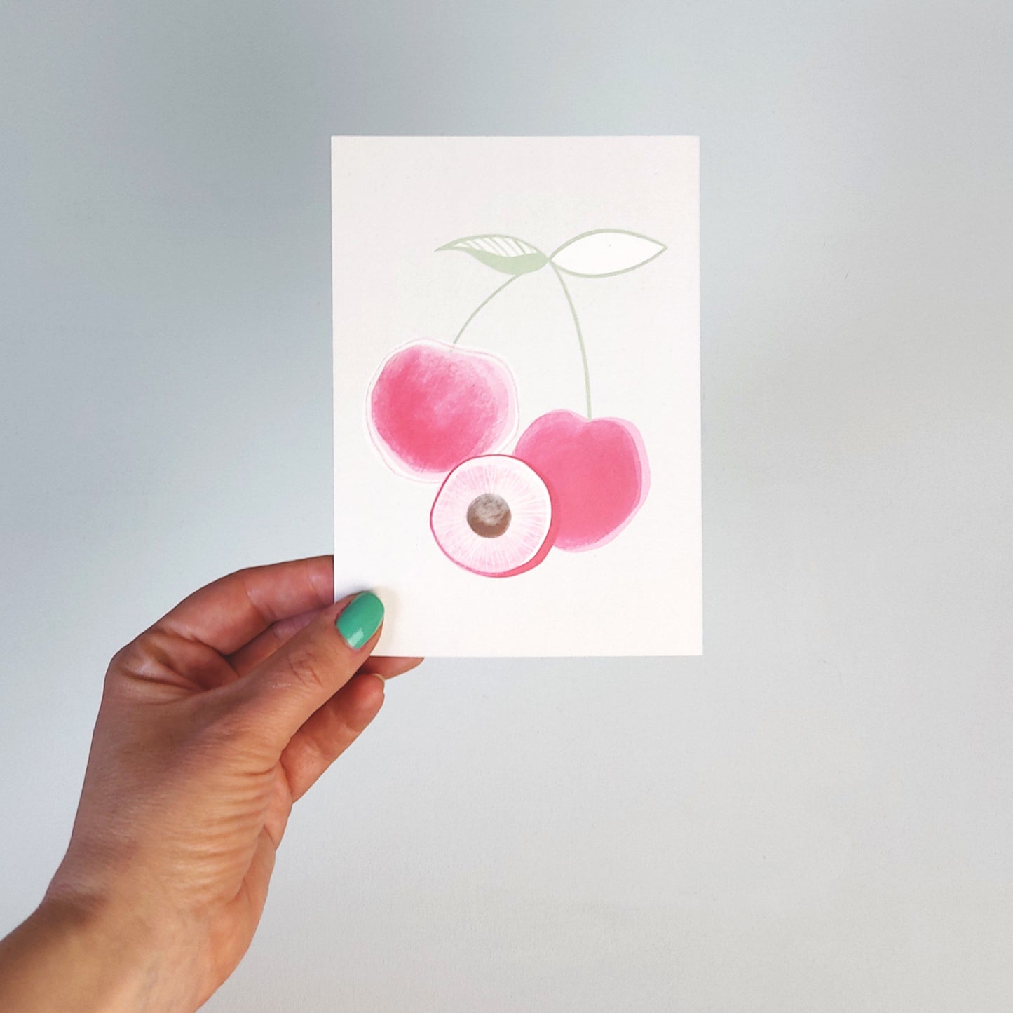 Ansichtkaart Kers Illustratie – Pasteltinten Kunstkaart voor Cadeau kersen met hand