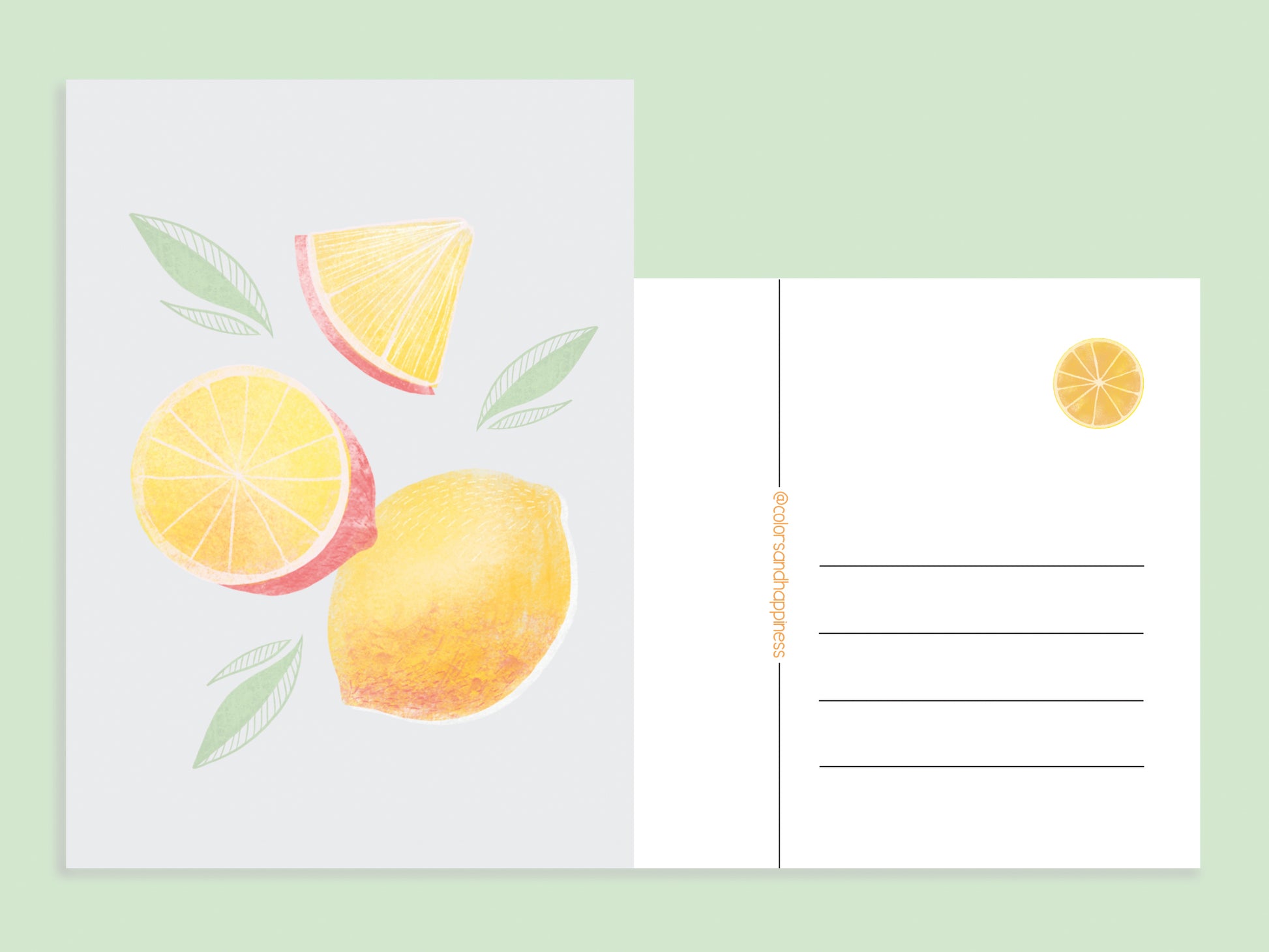 kunstkaart Ansichtkaart_fruit_kaartje_kunst_illustratie_citroen voor en achter