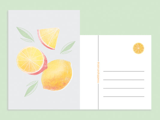 kunstkaart Ansichtkaart_fruit_kaartje_kunst_illustratie_citroen voor en achter