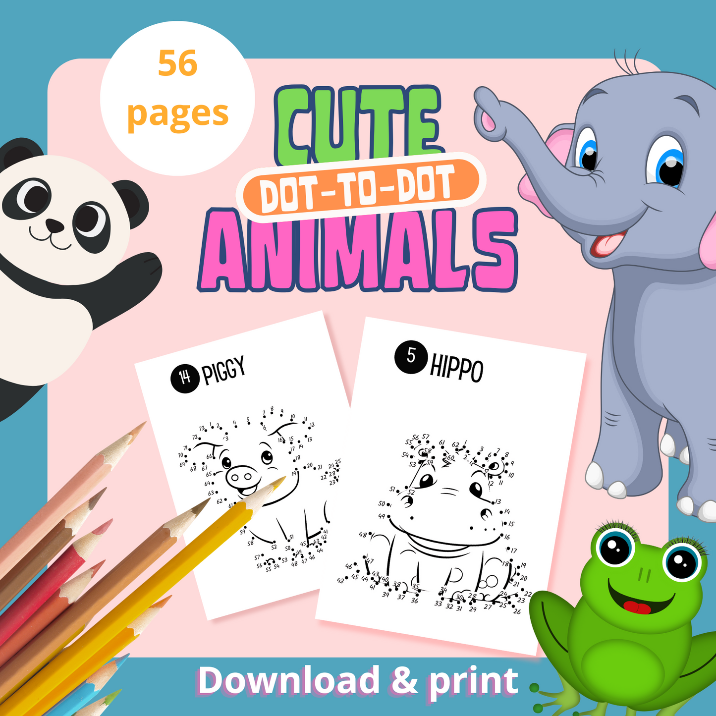 Connect the dots, schattige dieren dot-to-dot kleurpagina's digitale download educatief voor kinderen
