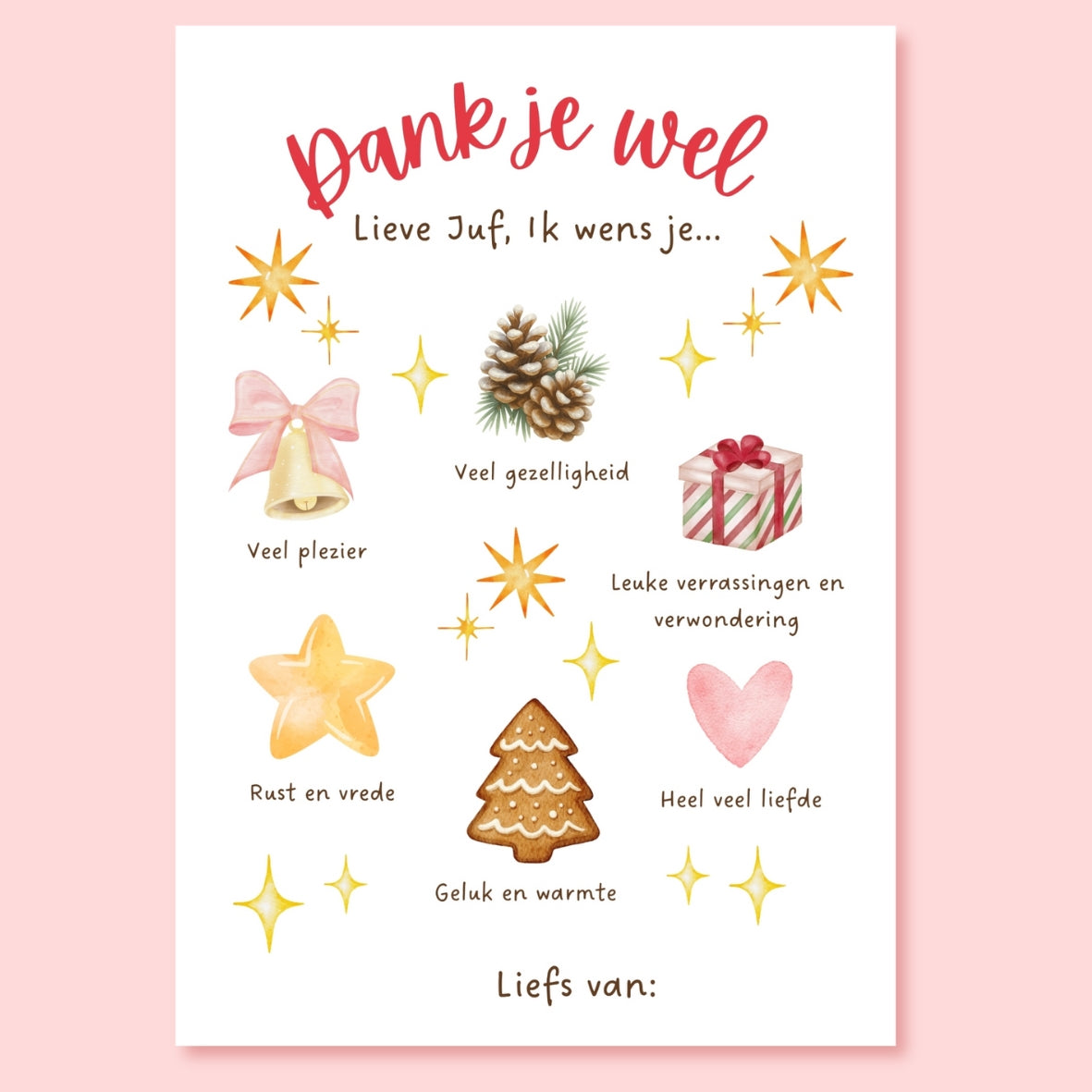 Kerst printable “Dank je wel Lieve Juf” Persoonlijk cadeau vol warme wensen (Digitale Download)met naam