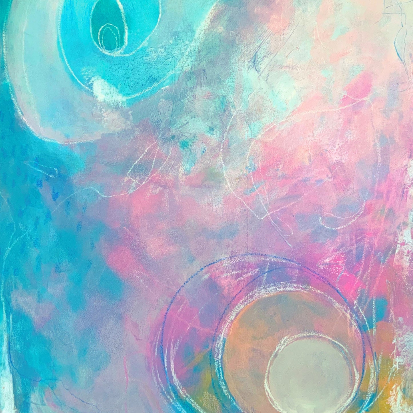 Kleurrijk kunstwerk abstract urban style  op canvas geprint in heldere kleuren blauw roze geel wit