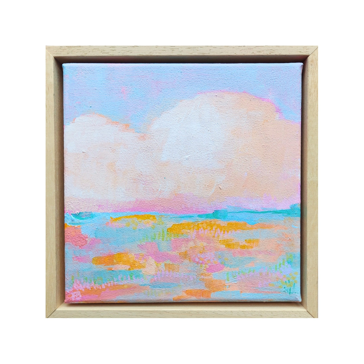 Mini Landschapschilderij “Zomerlicht”  Pastel Kleuren op 20x20 cm met lijst