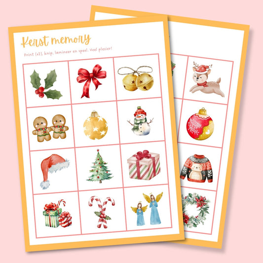 Printbaar Kerst memory spel voor kinderen (PDF) met 24 illustraties