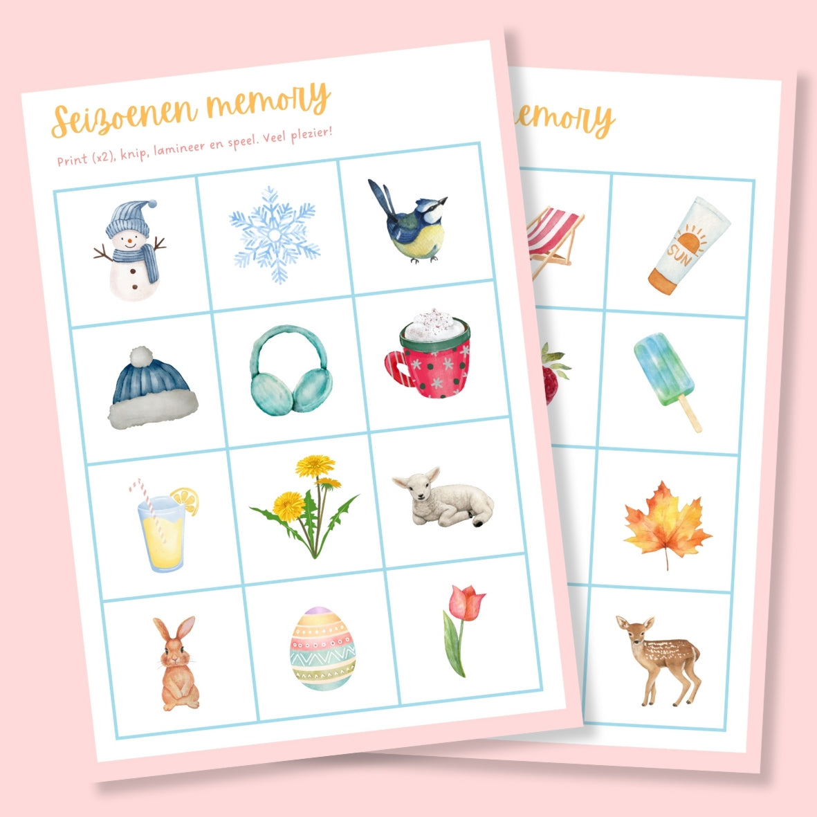 Seizoenen memory download print en speel met illustraties herfst winter zomer lente
