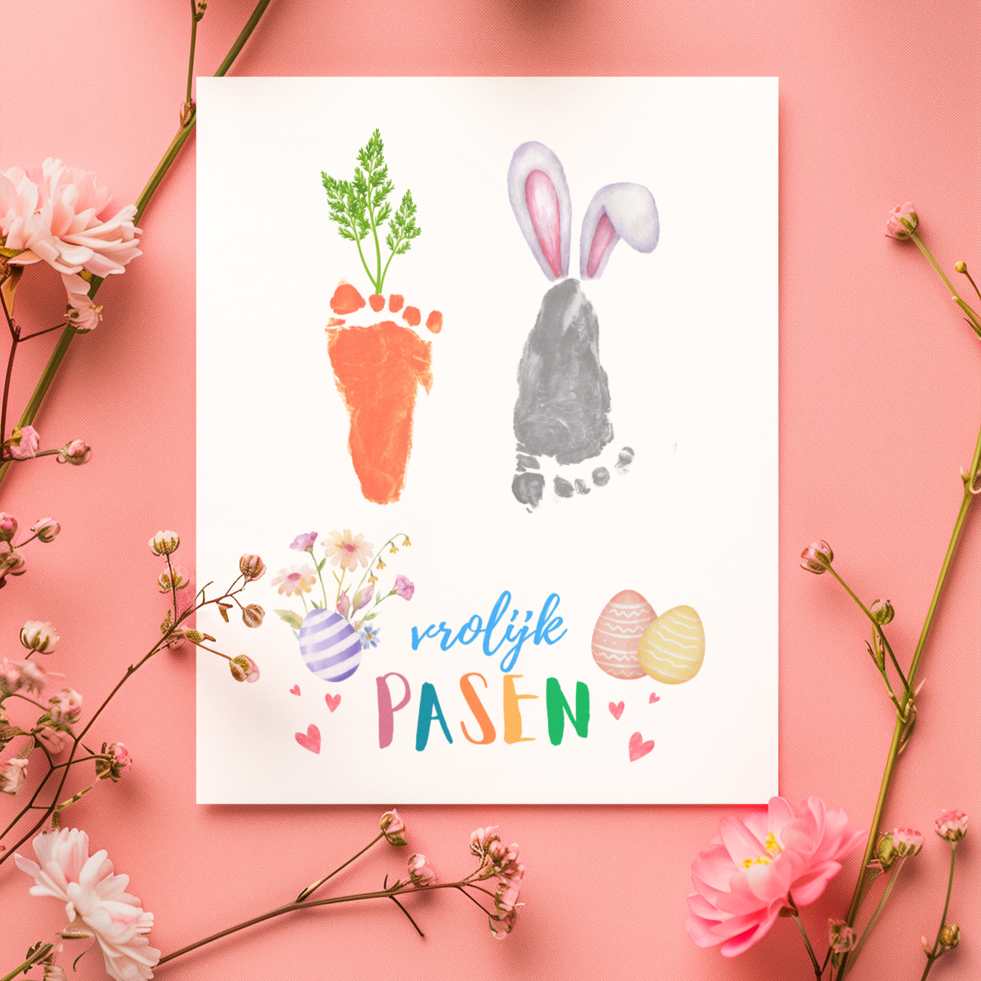 Vrolijk Pasen voetafdruk knutselwerk paashaas en wortel, Lente DIY cadeau aandenken bloemen