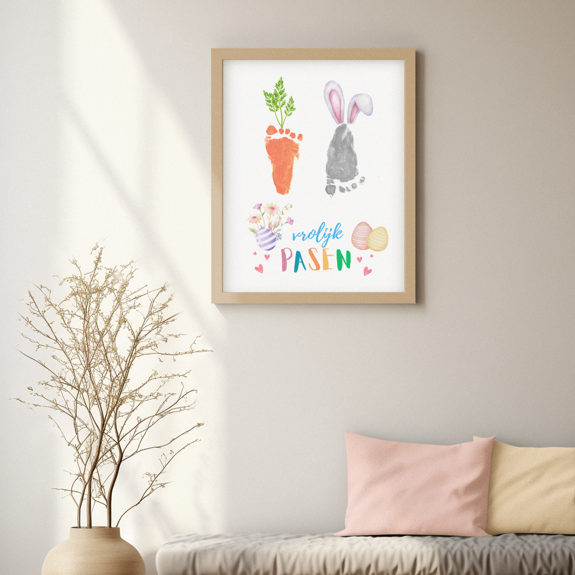 Vrolijk Pasen voetafdruk knutselwerk paashaas en wortel, Lente DIY cadeau aandenken poster
