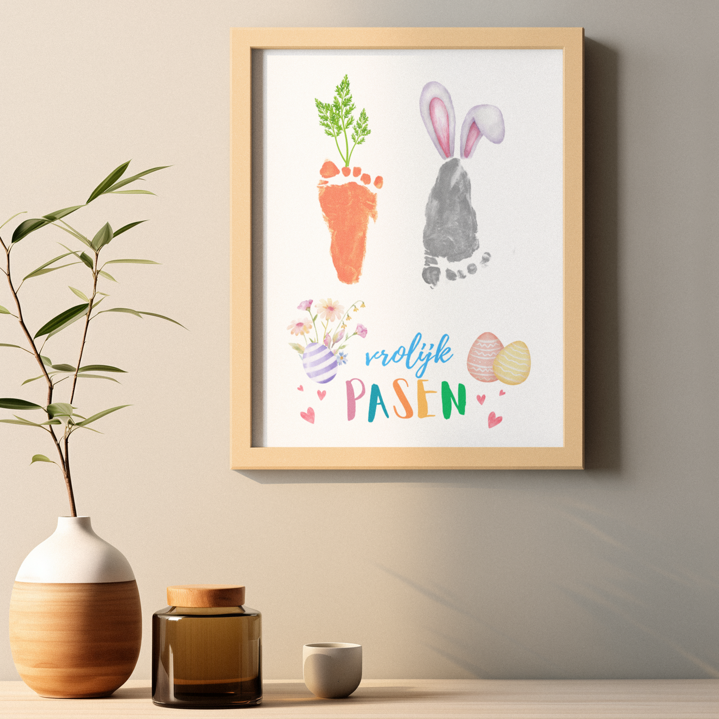 Vrolijk Pasen voetafdruk knutselwerk paashaas en wortel, Lente DIY cadeau aandenken print