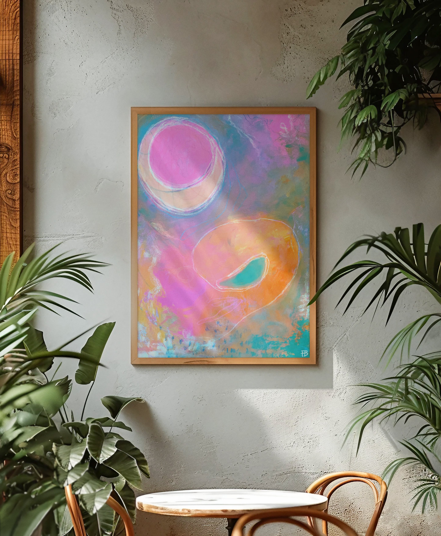 abstract kunstwerk in huis met planten interieur styling