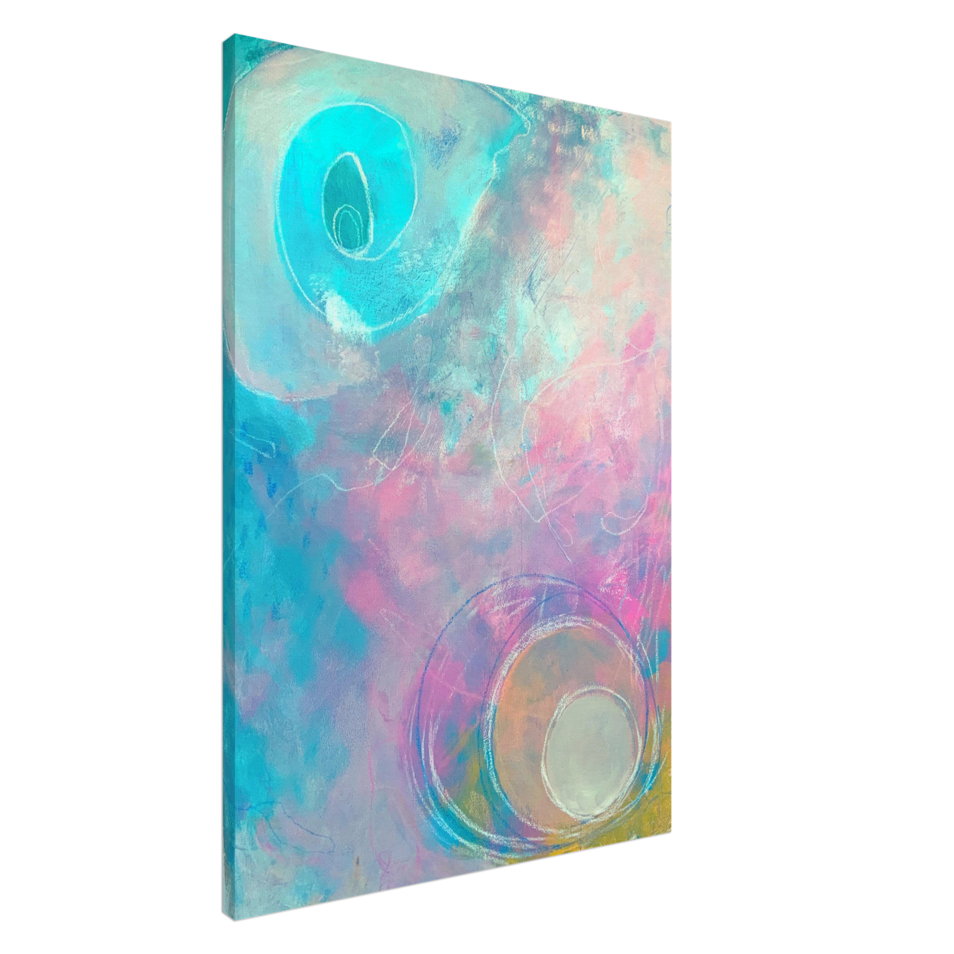 Kleurrijk kunstwerk abstract urban style  op canvas geprint in heldere kleuren blauw roze geel wit rustgevend