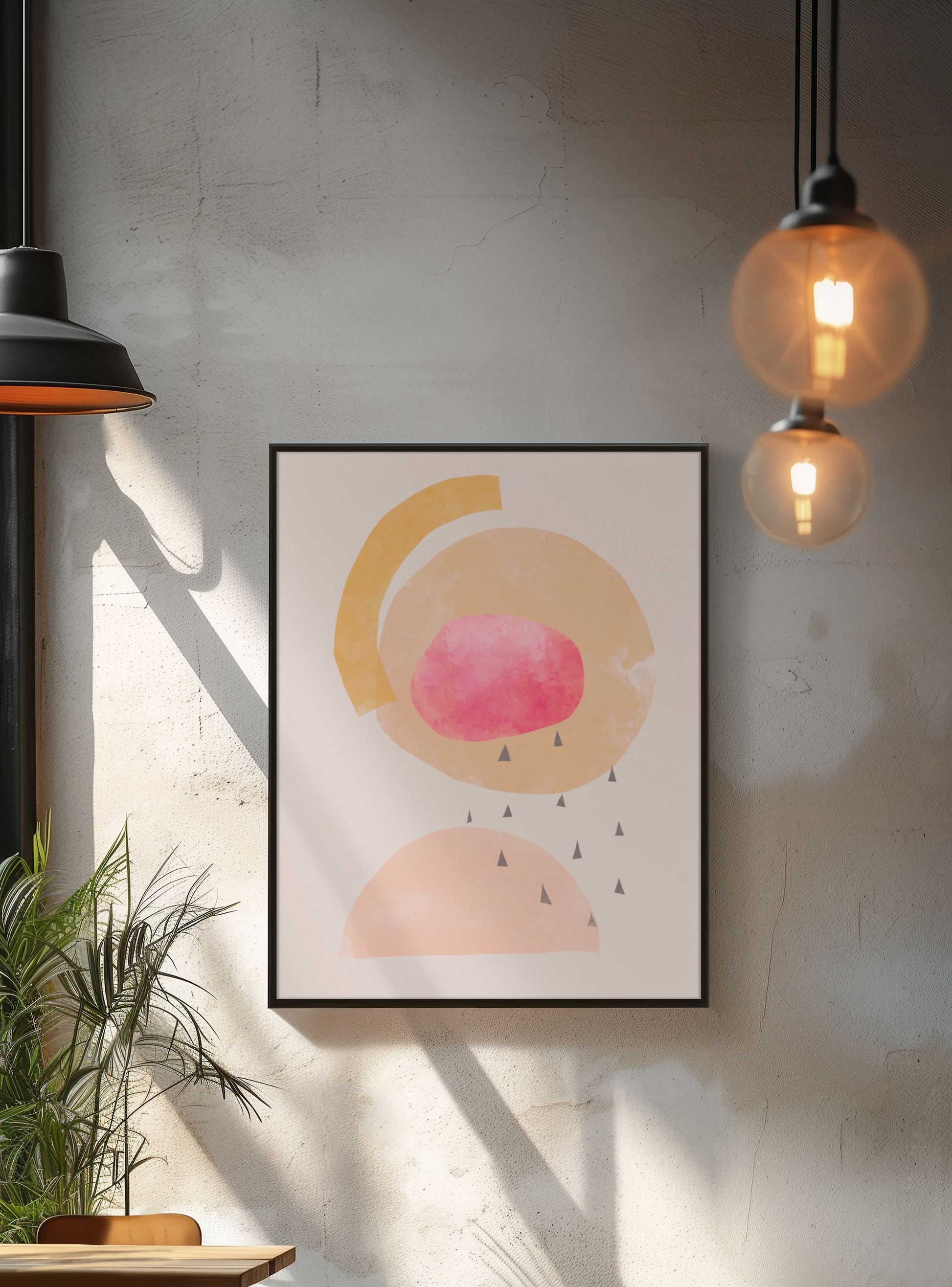 minimalistische moderne kunst poster afdruk art print roze oranje geel perzik beige modern abstracte kunst in huiskamer industriële styling
