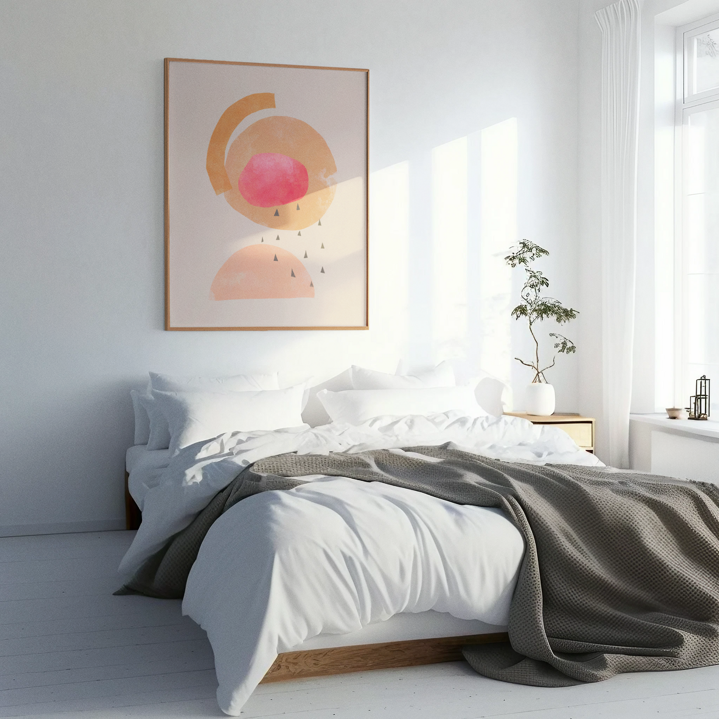 minimalistische moderne kunst poster afdruk art print roze oranje geel perzik beige in witte slaapkamer boven het bed