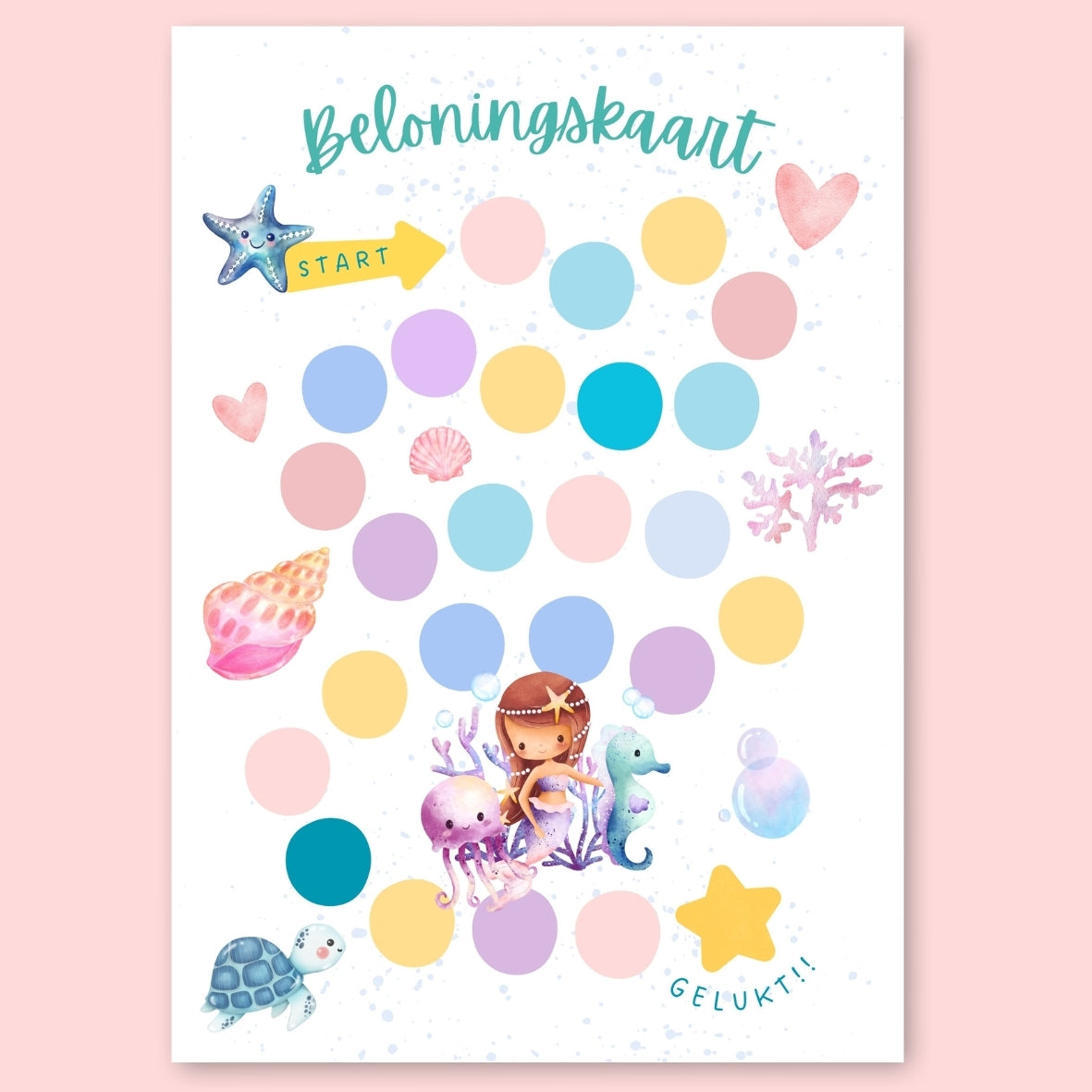 beloningskaart voor kinderen zeemeermin onderwater schelpen, zeepaardje, schildpad, zeester
