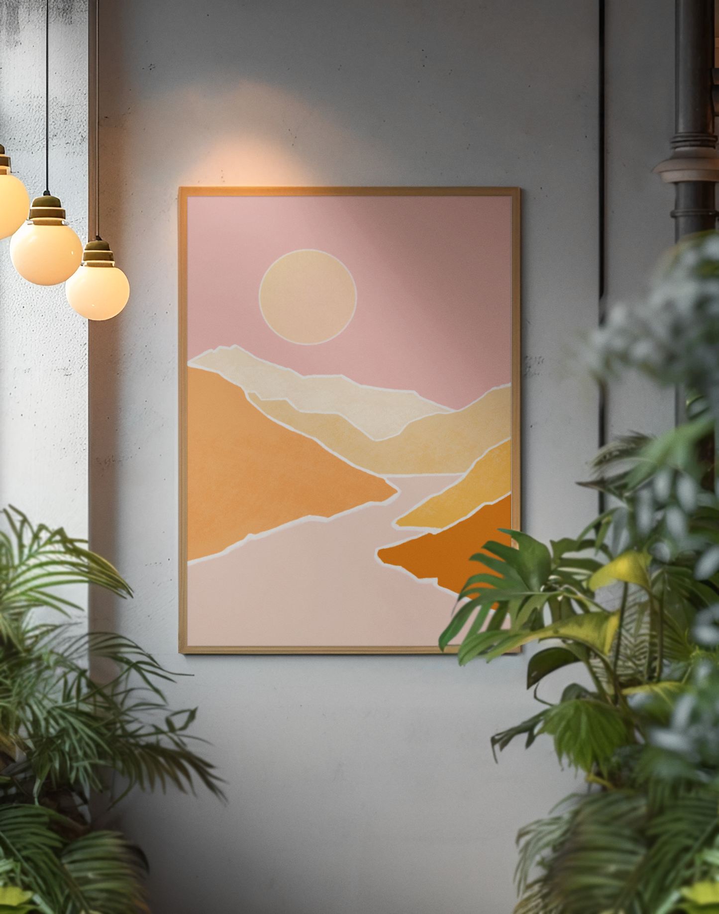 minimalistische poster art print berglandschap roze geel oranje volle maan illustratie in industrieel interieur styling met planten en groen