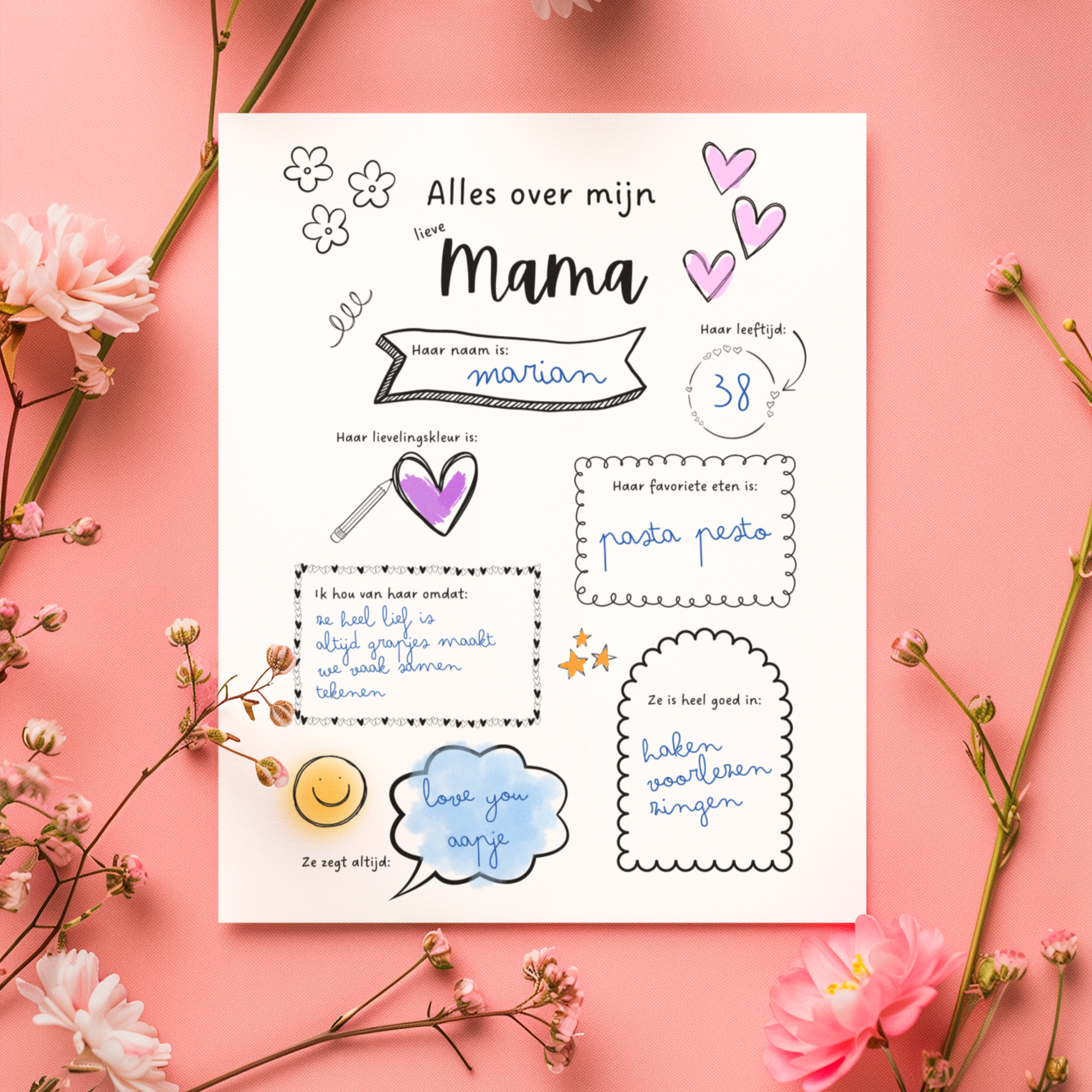 kleurplaat voor moederdag cadeau voor mama ingevuld