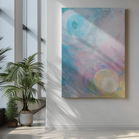 Kleurrijk kunstwerk abstract urban style  op canvas geprint in heldere kleuren blauw roze geel wit rustgevend in woonkamer met planten interieur styling