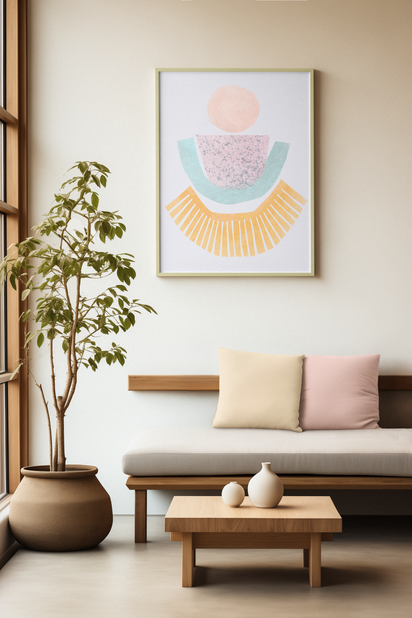poster minimalitische kunst in pasteltinten geel roze blauw rust kalm evenwicht in woonkamer interieurstyling met plant en hout