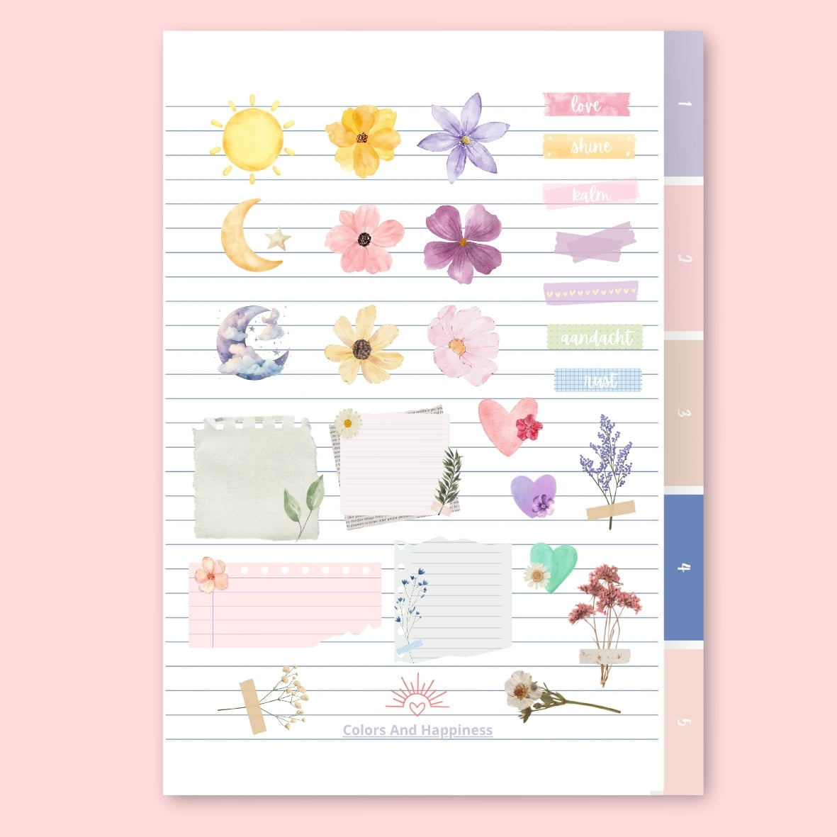 notitieblok herbruikbaar digitaal met stickers scrapbook stijl bloemen washitape droogbloemen waterverf illustraties pasteltinten