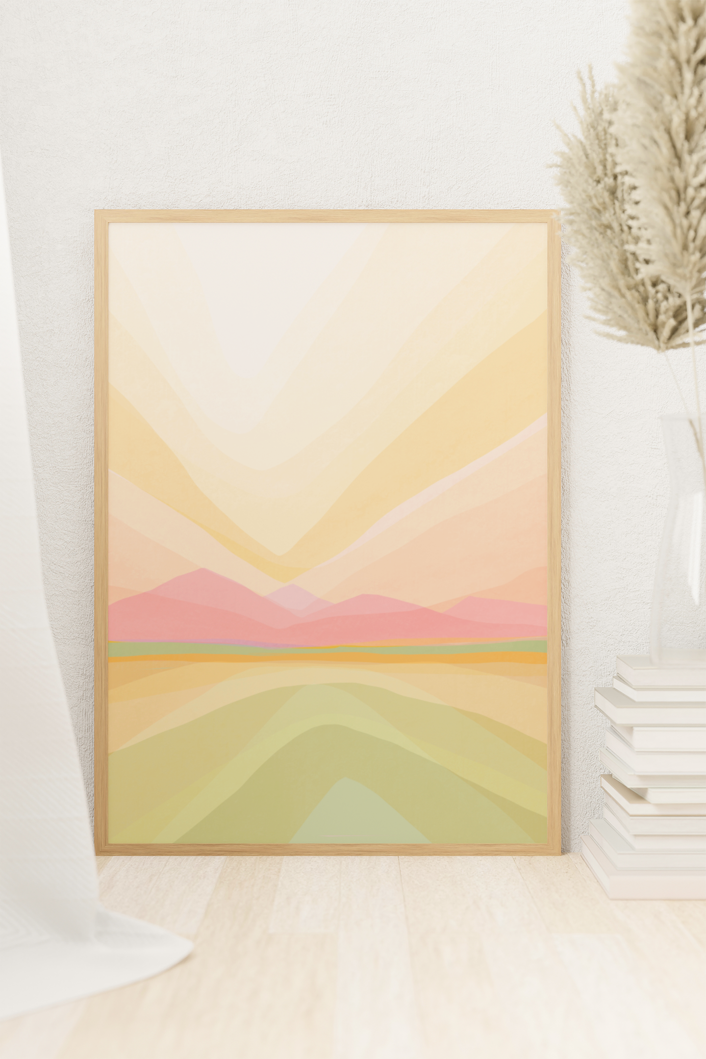 art print poster met landschap gesluierd waldorf stijl roze geel en groen rustgevend zacht minimalistisch in neutraal interieur wit en beige