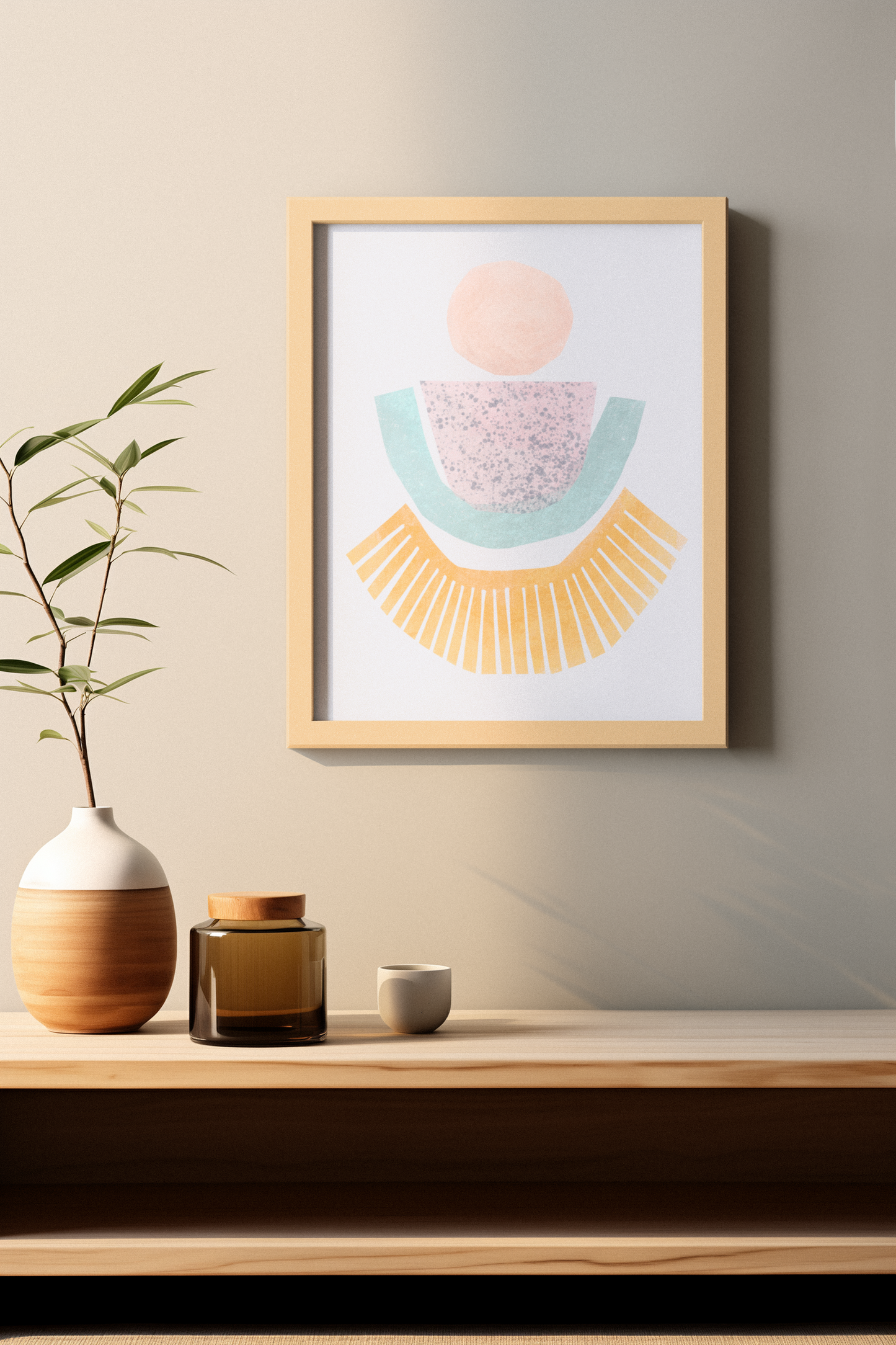 poster minimalitische kunst in pasteltinten geel roze blauw rust kalm evenwicht in een boho interieur met houten meubels