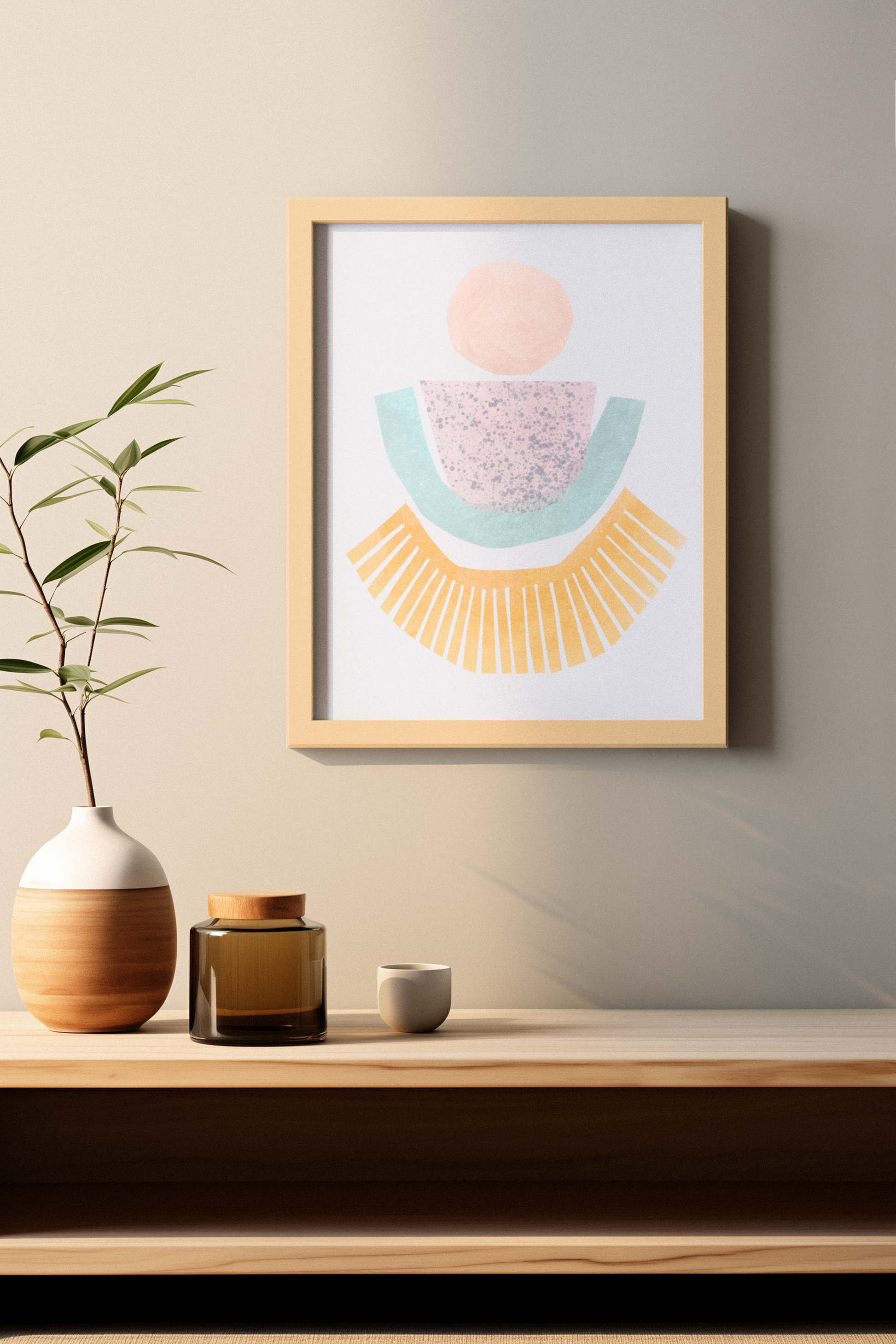 poster minimalitische kunst in pasteltinten geel roze blauw rust kalm evenwicht in een boho interieur met houten meubels
