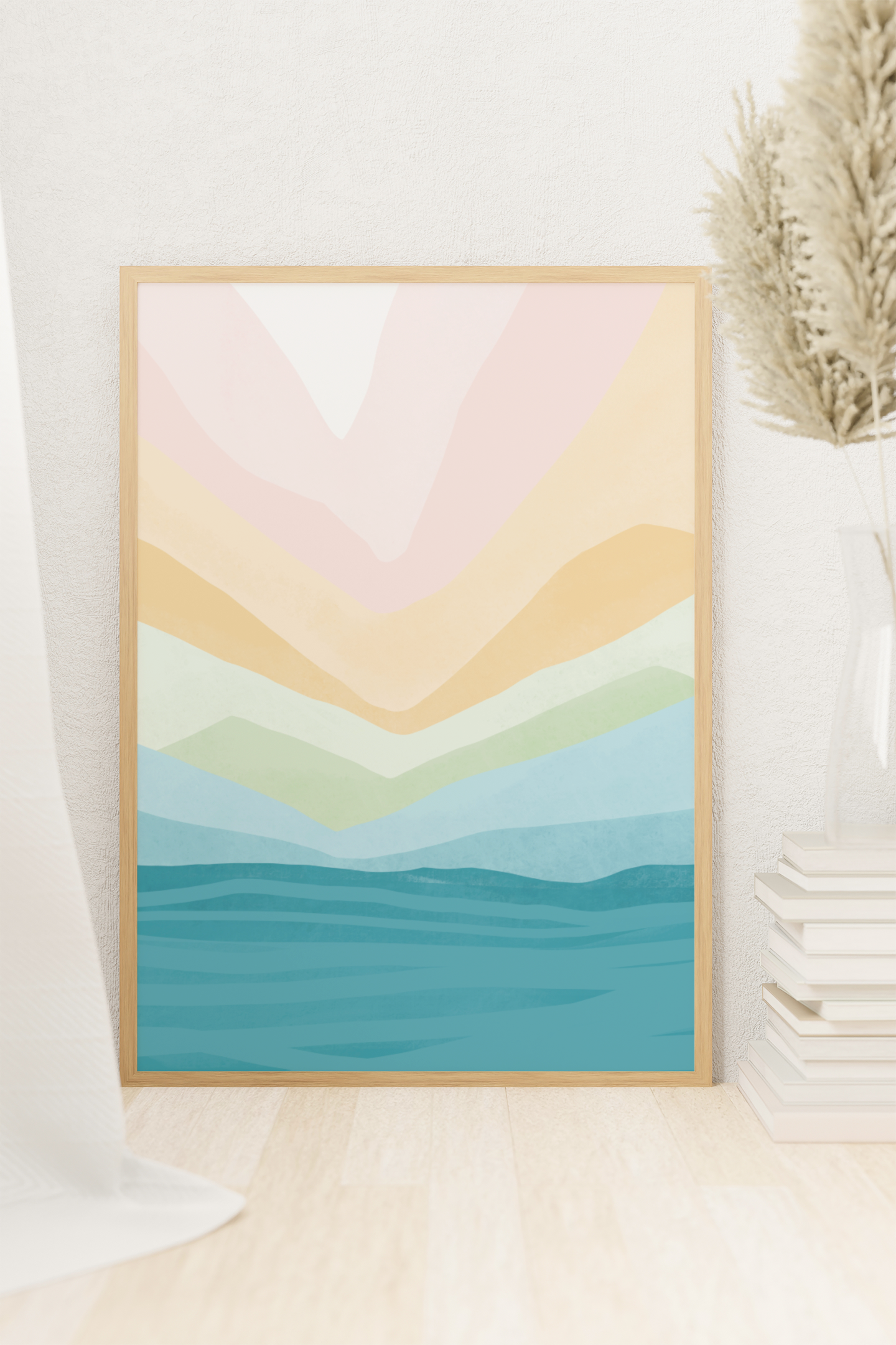 minimalistisch landschap in blauw roze en geel zachte kleuren kunst poster waldorf art kunstwerk in wit interieur