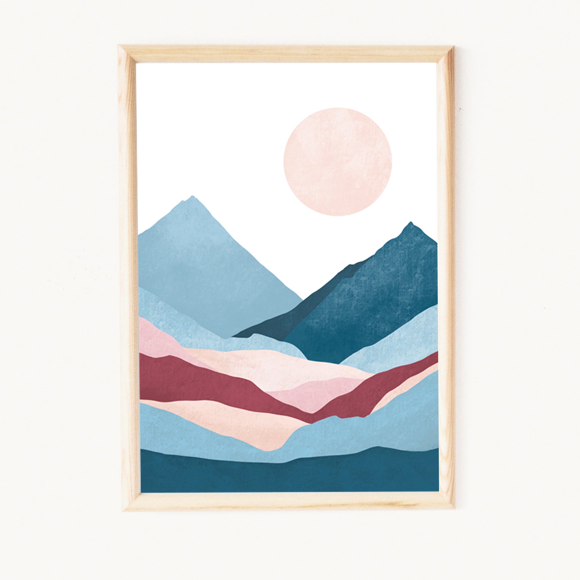 illustratie kunst berglandschap poster in blauw en rood en beige volle maan