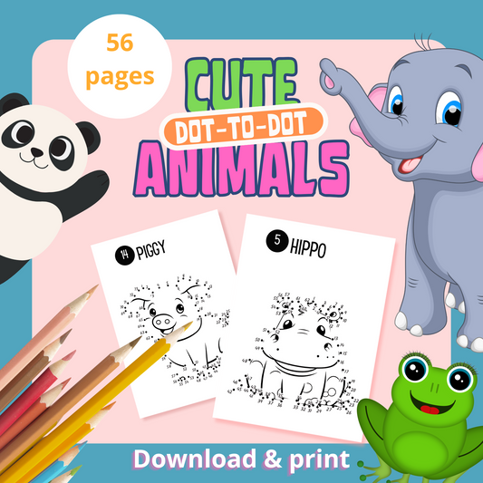 Connect the dots, schattige dieren dot-to-dot kleurpagina's digitale download educatief voor kinderen