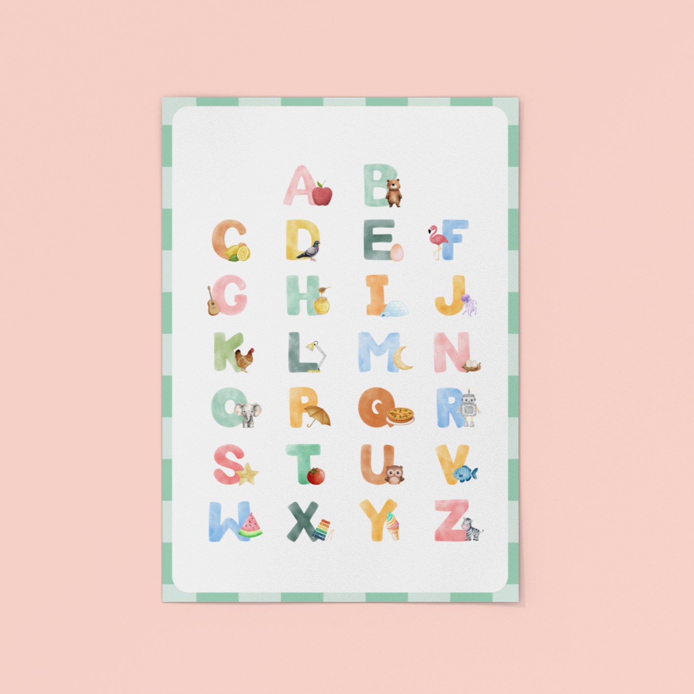 Educatieve alfabet poster_printbare ABC poster met schattige illustraties roze