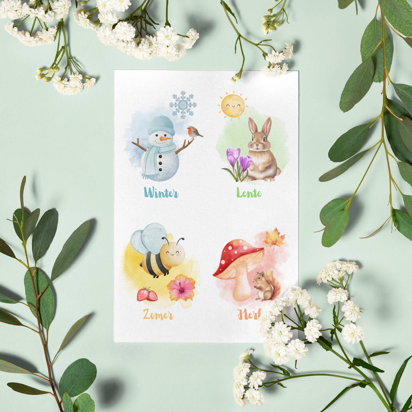 Educatieve flashcard seizoenen voor kinderen digitale download met illustratie
