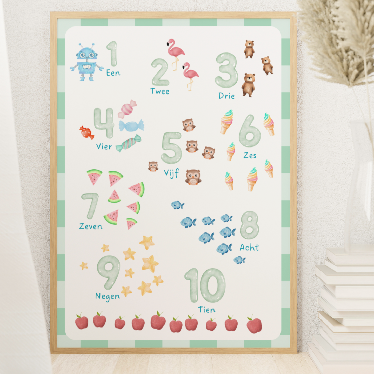 Educatieve getallen poster, digitale download met cijfers 1 t/m 10 met illustraties voor kinderen lijst