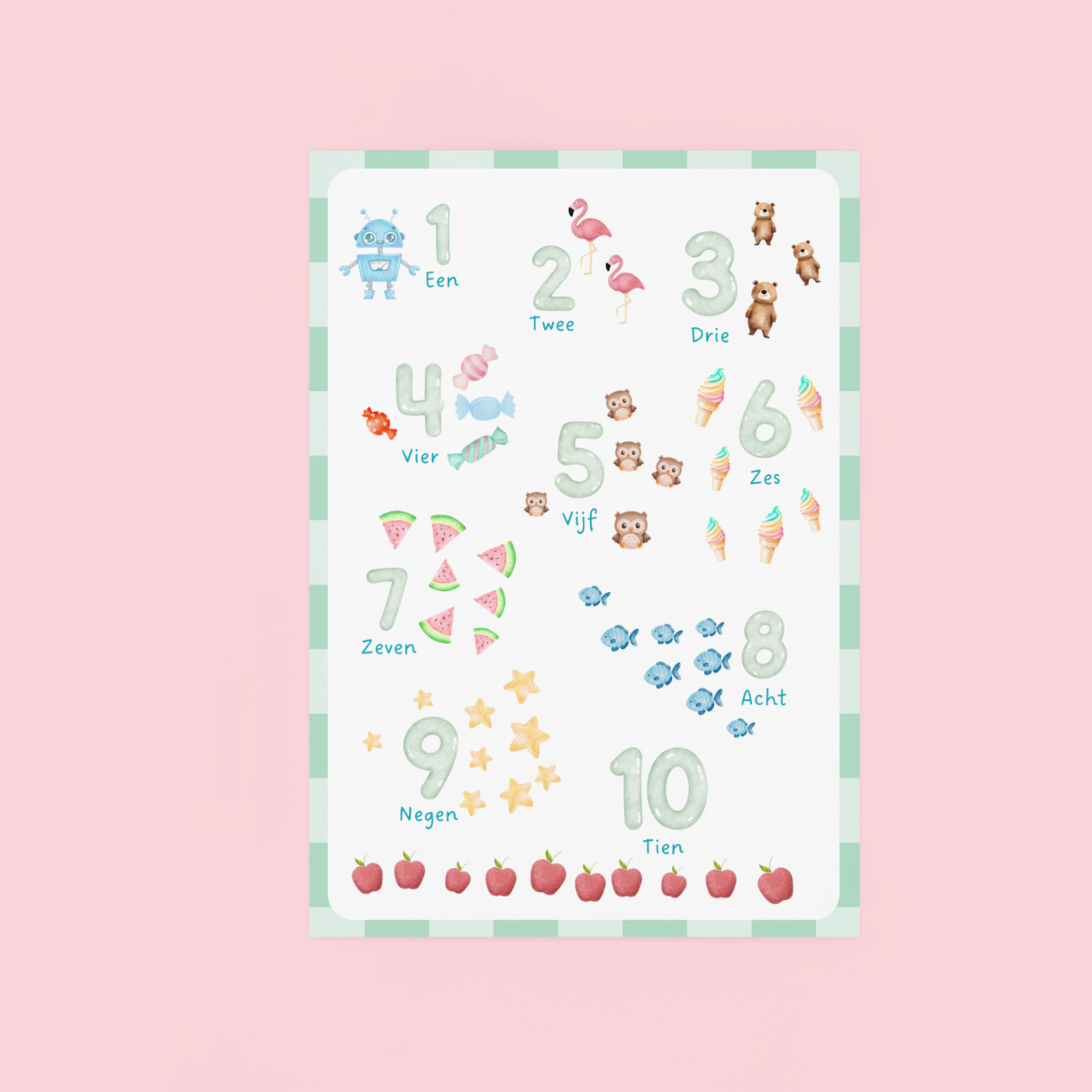 Educatieve getallen poster, digitale download met cijfers 1 t/m 10 met illustraties voor kinderen roze