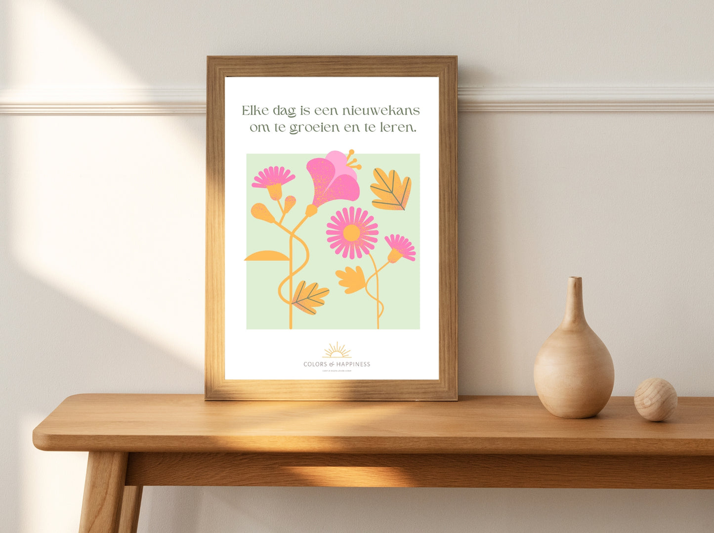 Inspirerende poster met quote "Elke dag..."en bloemen illustratie, digitale download voor een bewuster leven