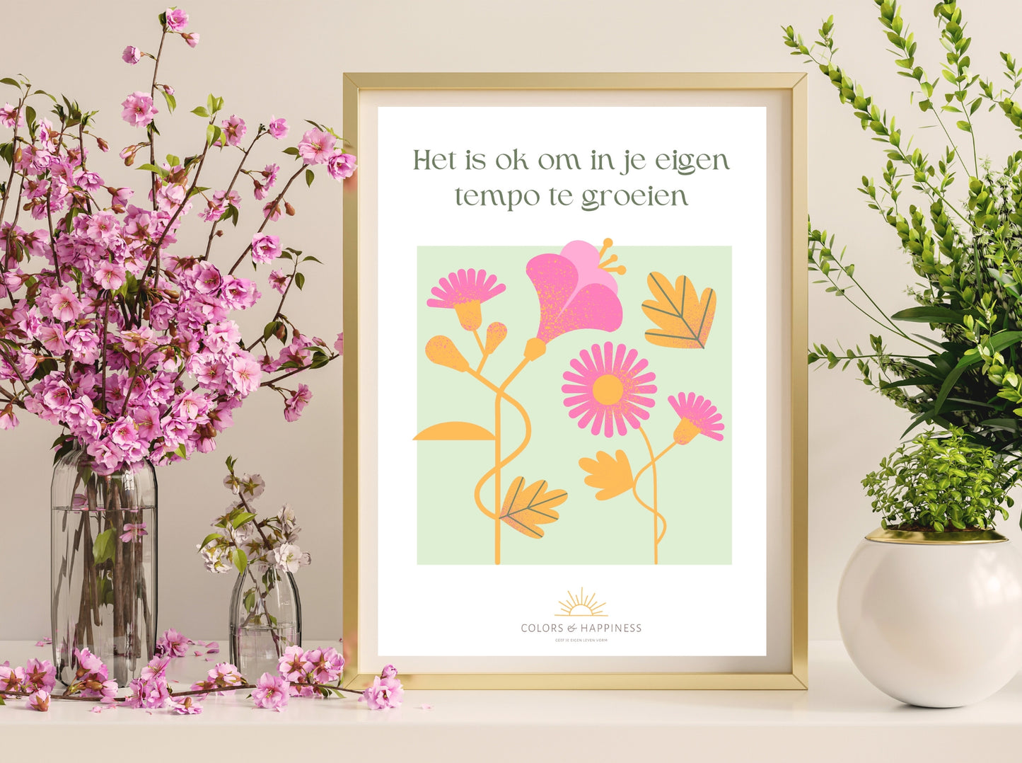 Inspirerende poster met quote "Het is ok..." en bloemen illustratie, digitale download voor een bewuster leven