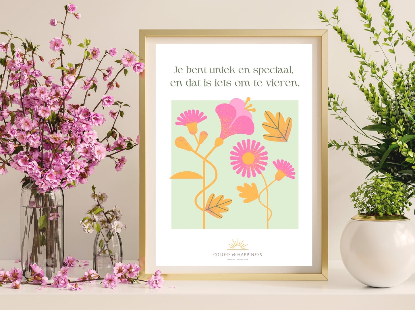 Inspirerende poster met quote "Je bent uniek..."en bloemen illustratie, digitale download voor een bewuster leven