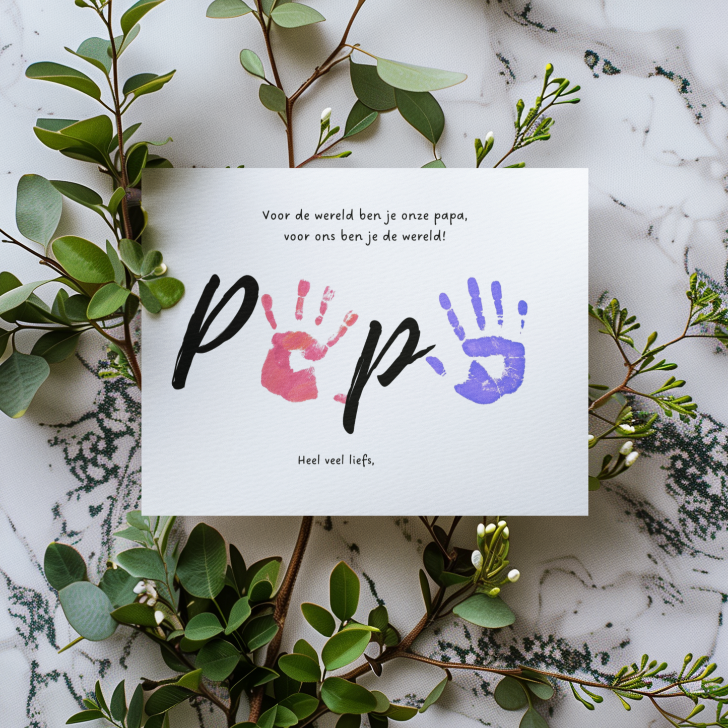 Papa twee kinderen vaderdag cadeau met handafdruk digitale download 