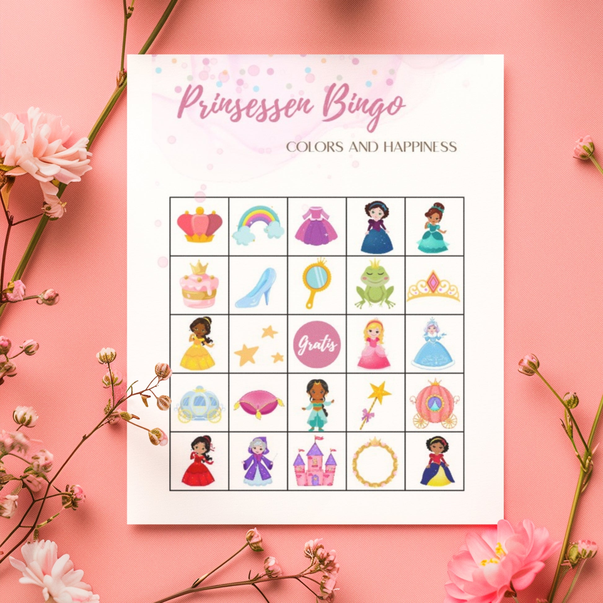 Prinsessen bingo digitale download 12 unieke bingokaarten & omroepkaarten perfect voor kinderfeestjes vb