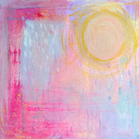 Rustgevend abstracte kunstprint roze blauw geel zonnig en licht