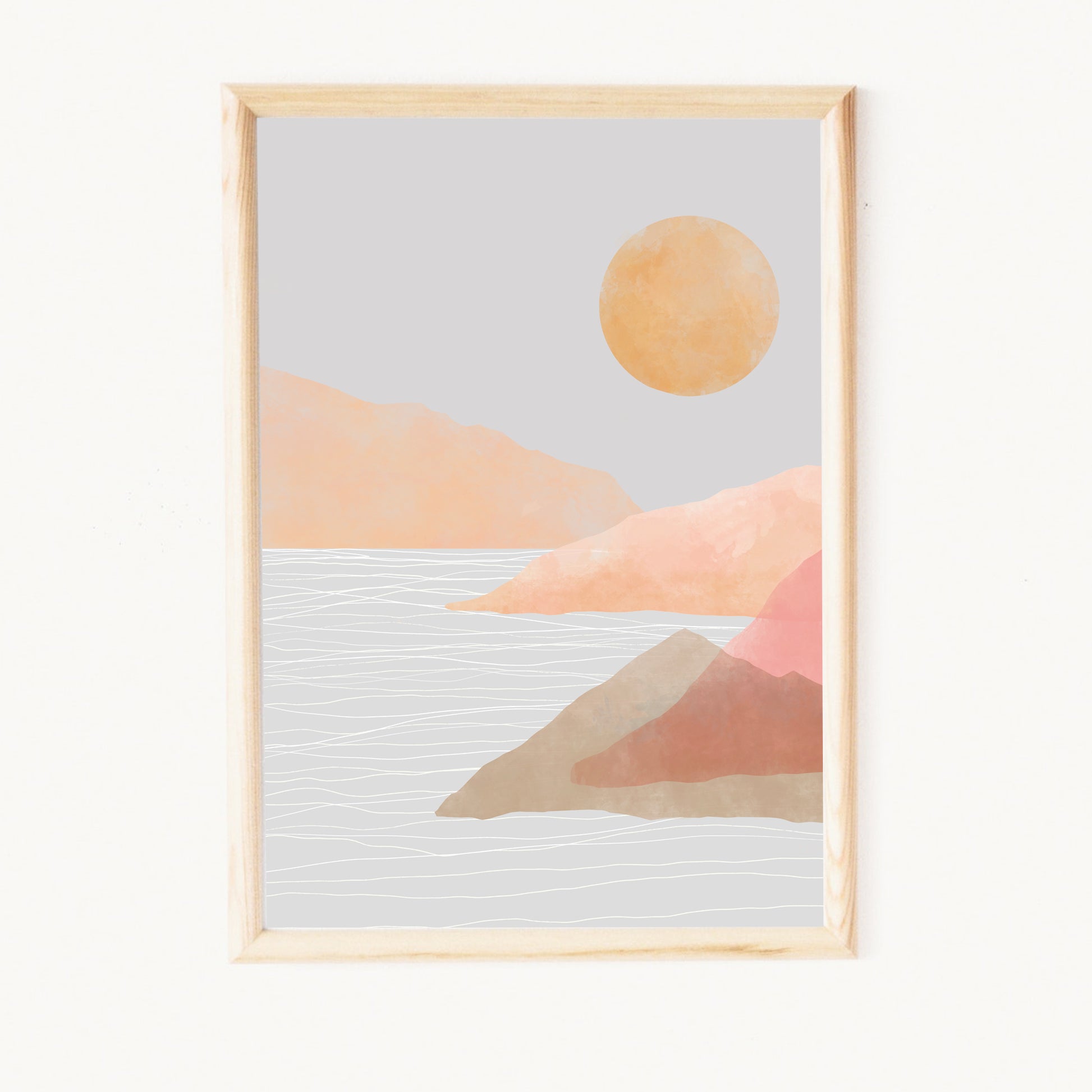 poster art print van landschap in neutrale pasteltinten met bergen de zon maan en de horizon