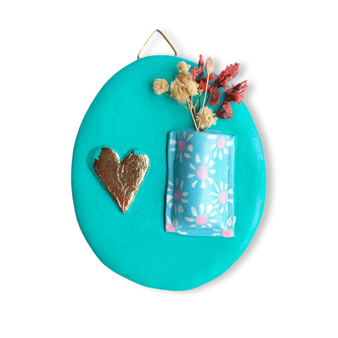 Turquoise Hanger met Mini-Vaasje & Gouden Hartje – Uniek Sieraad voor interieur