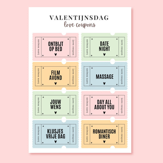 Valentijn love coupons printable met romantische liefdesbonnen om te printen.