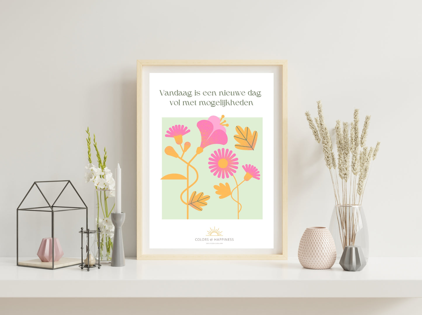 Inspirerende poster met quote "Vandaag is..." en bloemen illustratie, digitale download voor een bewuster leven