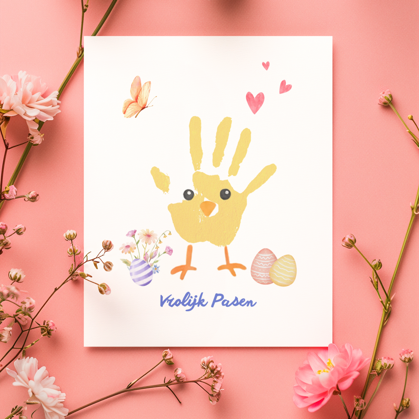Vrolijk Pasen handafdruk knutselwerk kuiken, Lente DIY cadeau aandenken kind peuter baby bloem
