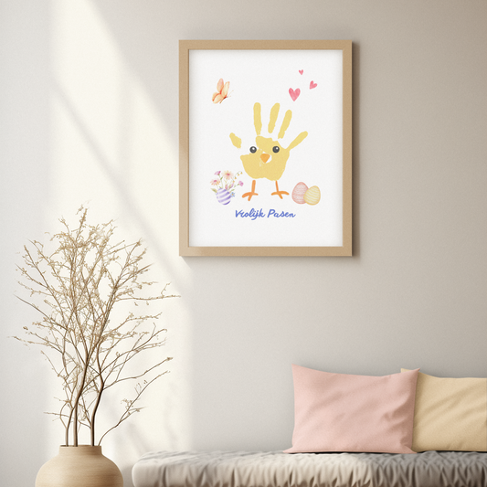 Vrolijk Pasen handafdruk knutselwerk kuiken, Lente DIY cadeau aandenken kind peuter baby poster