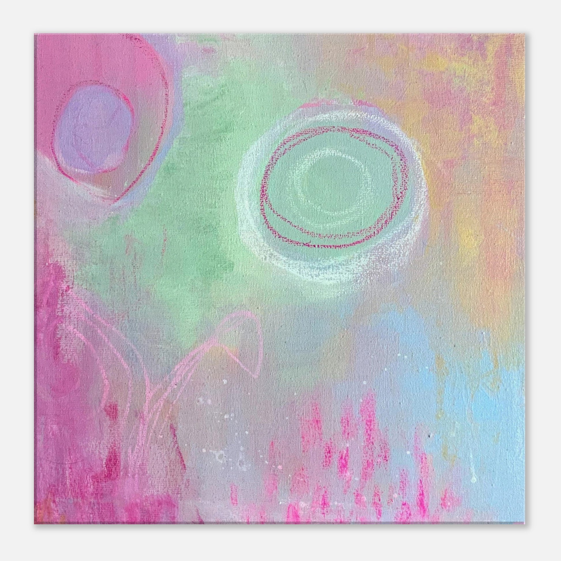 abstract kunstwerk in pasteltinten blauw roze geel groen