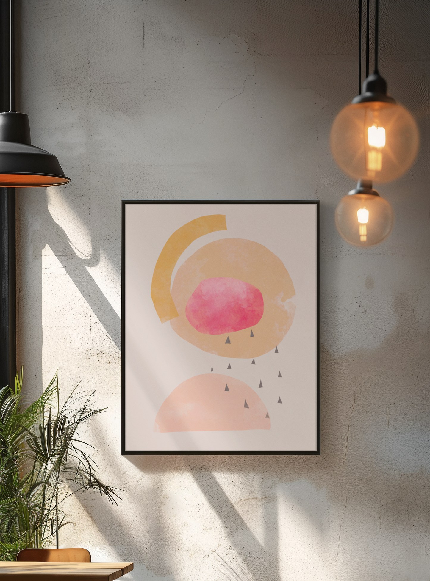 minimalistische moderne kunst poster afdruk art print roze oranje geel perzik beige modern abstracte kunst in huiskamer industriële styling 