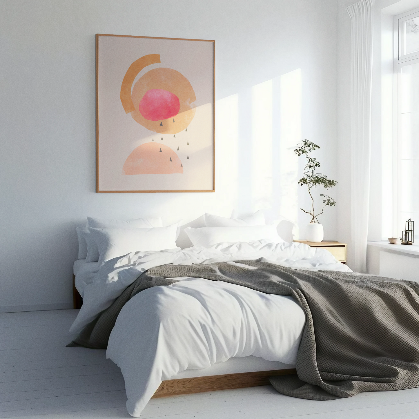 minimalistische moderne kunst poster afdruk art print roze oranje geel perzik beige in witte slaapkamer boven het bed 