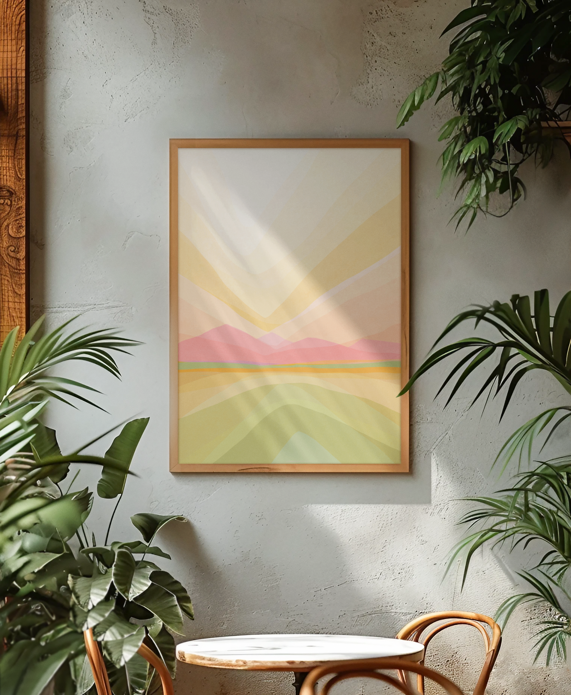 art print poster met landschap gesluierd waldorf stijl roze geel en groen rustgend zacht minimalistisch in interieur boven eettafel met planten en stoelen